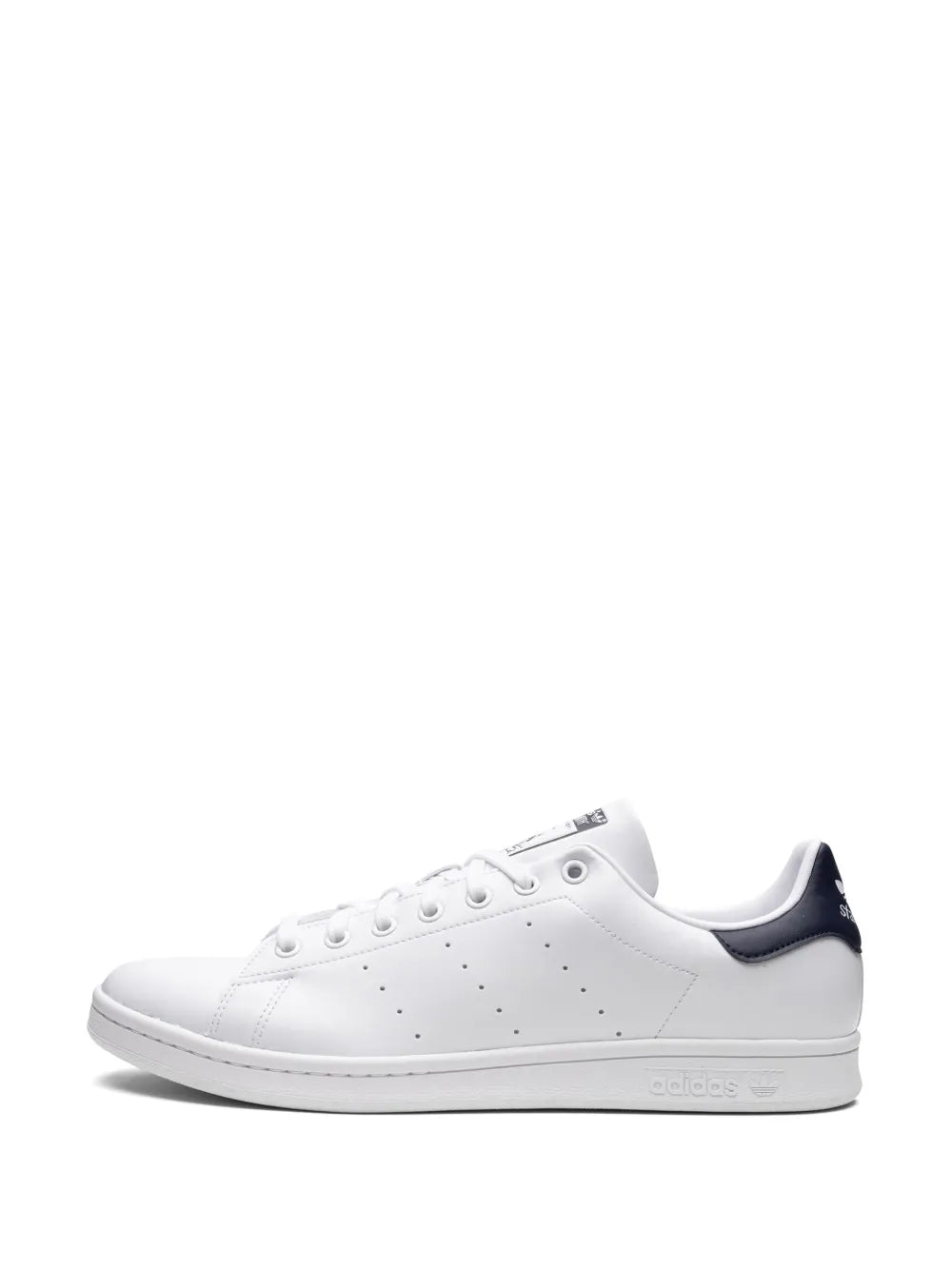 White adidas Stan Smith low-top sneaker front-left view with navy heel trim