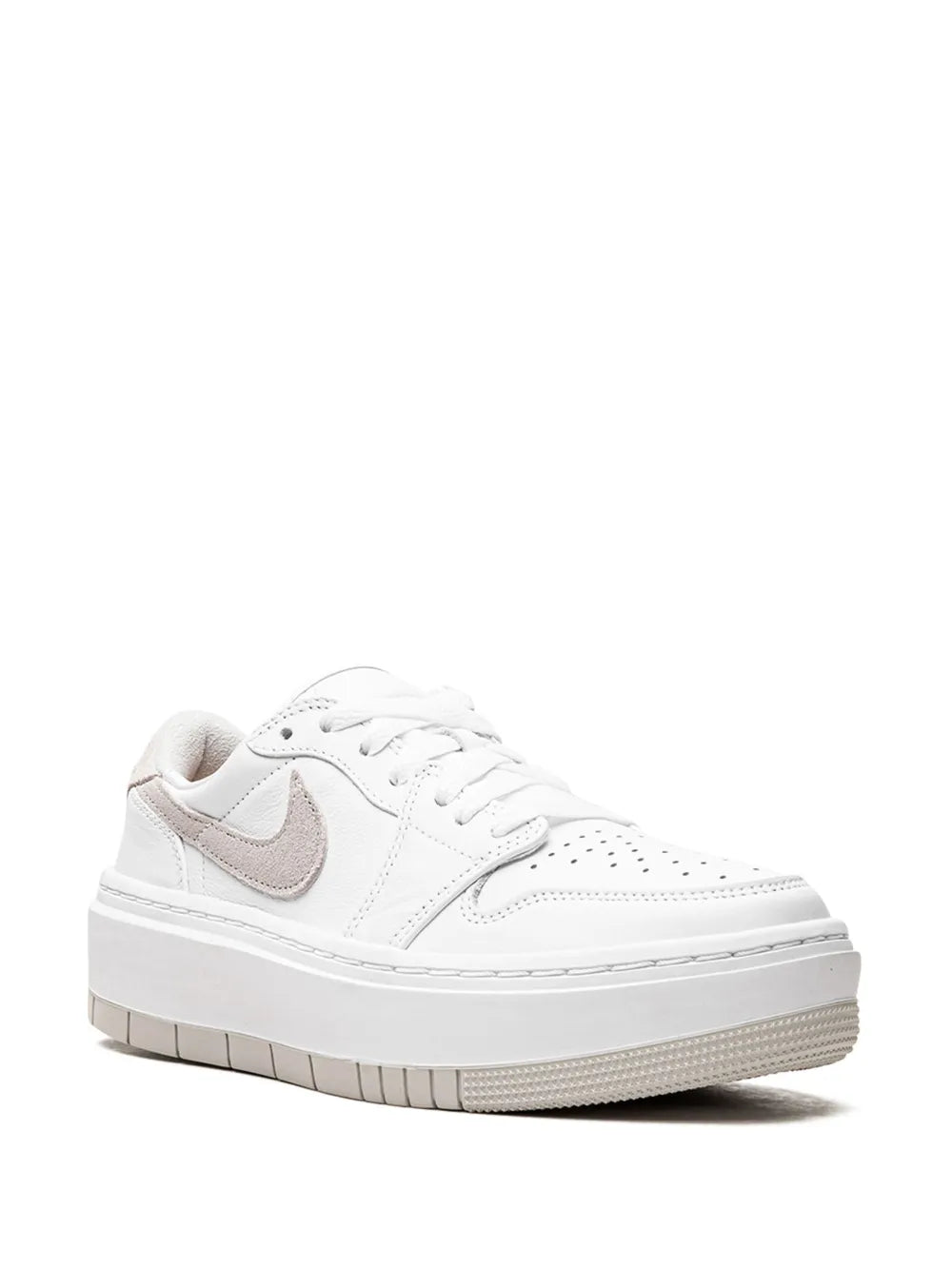 White low-top sneaker, side view, taupe Swoosh and lace-up closure