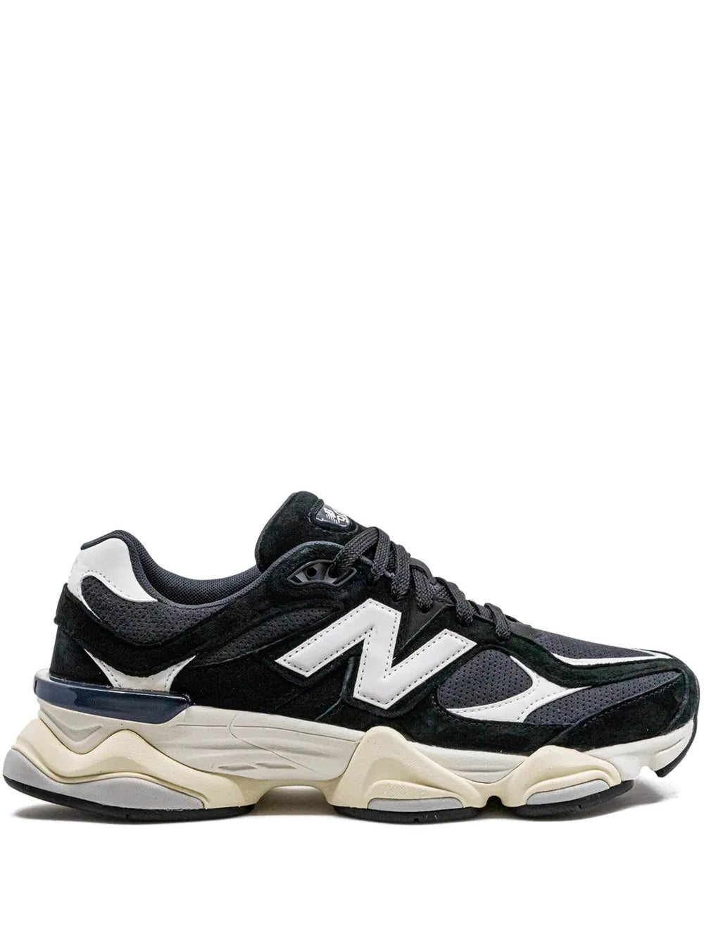 New Balance 9060 black and white sneakers with N logo, black laces, chunky sole