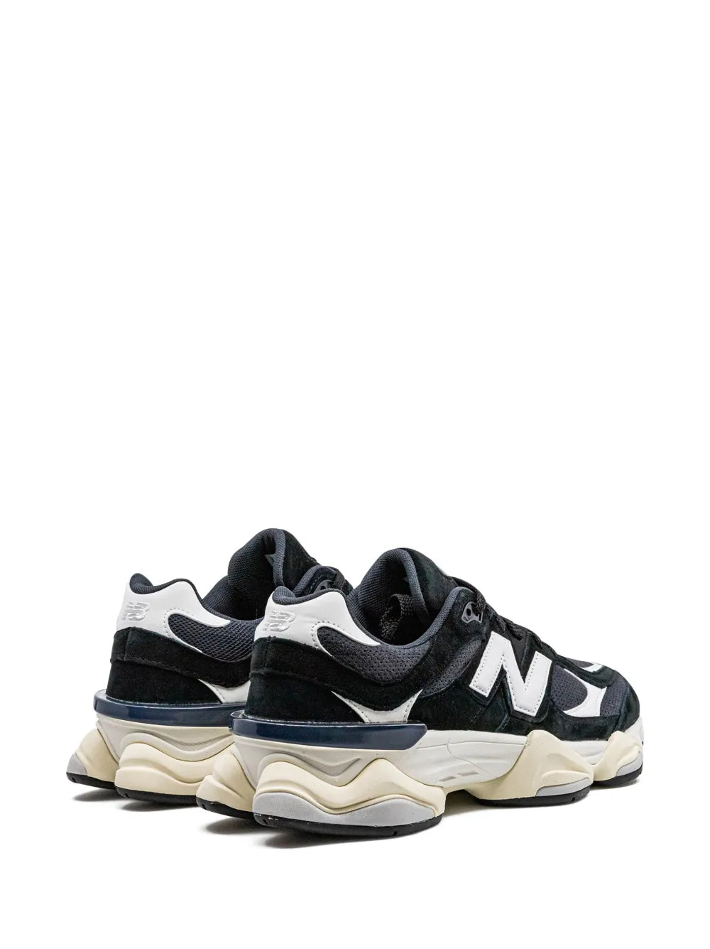 New Balance 9060 black sneakers with white N logo, rear cushioning, thick cream sole