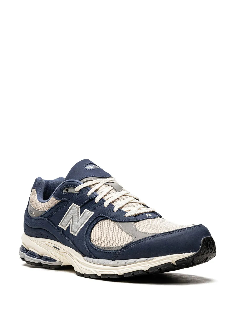 Low-top sneaker in navy and off-white with large N logo and white laces