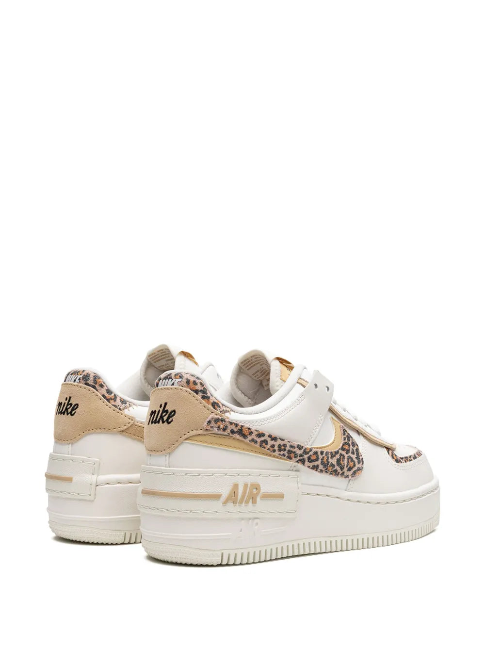 Nike Air Force 1 Low Shadow sneakers, rear and side view with tan leopard details