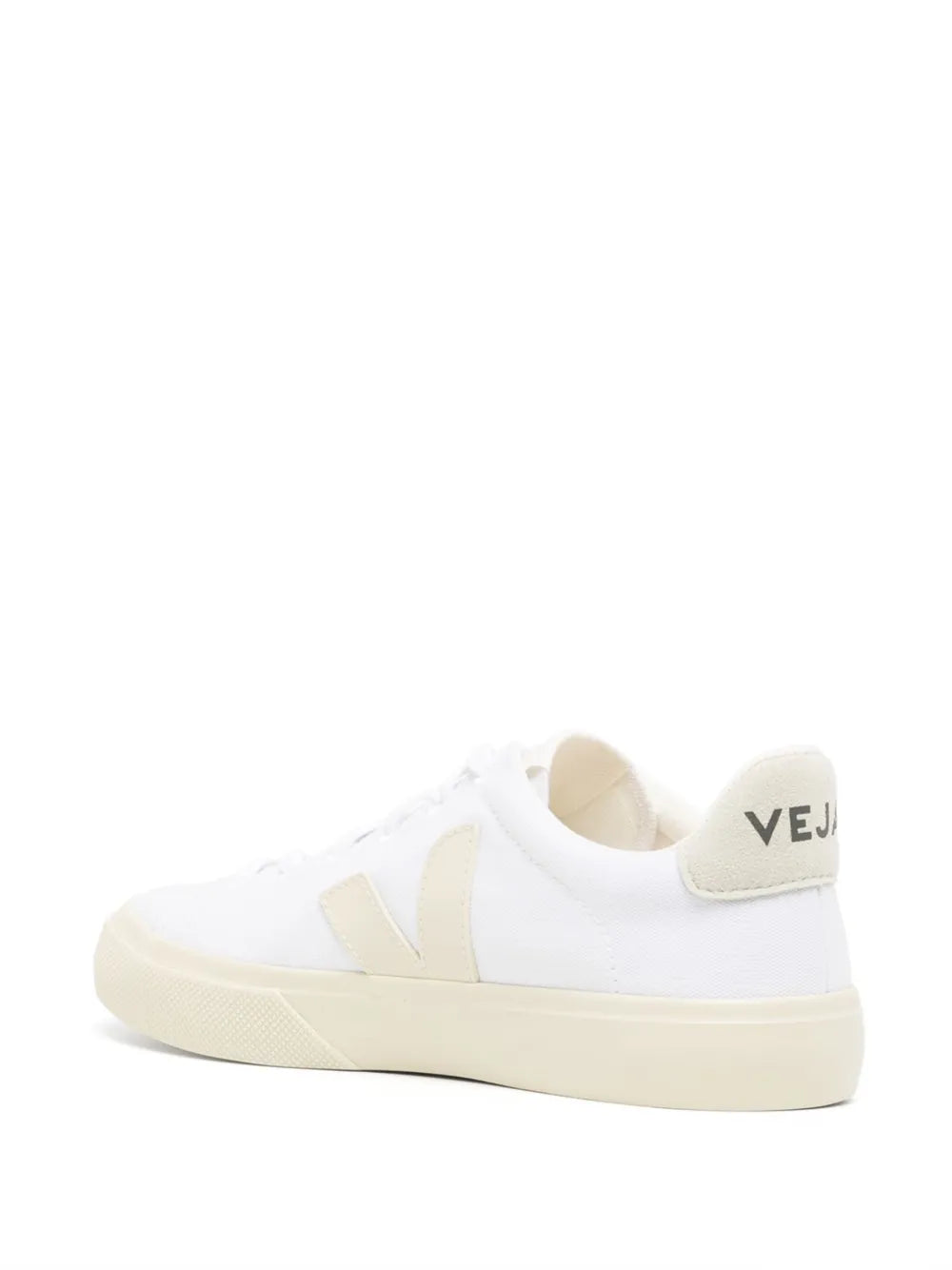 Beige-and-white low-top sneakers, heel view with VEJA lettering on beige tab