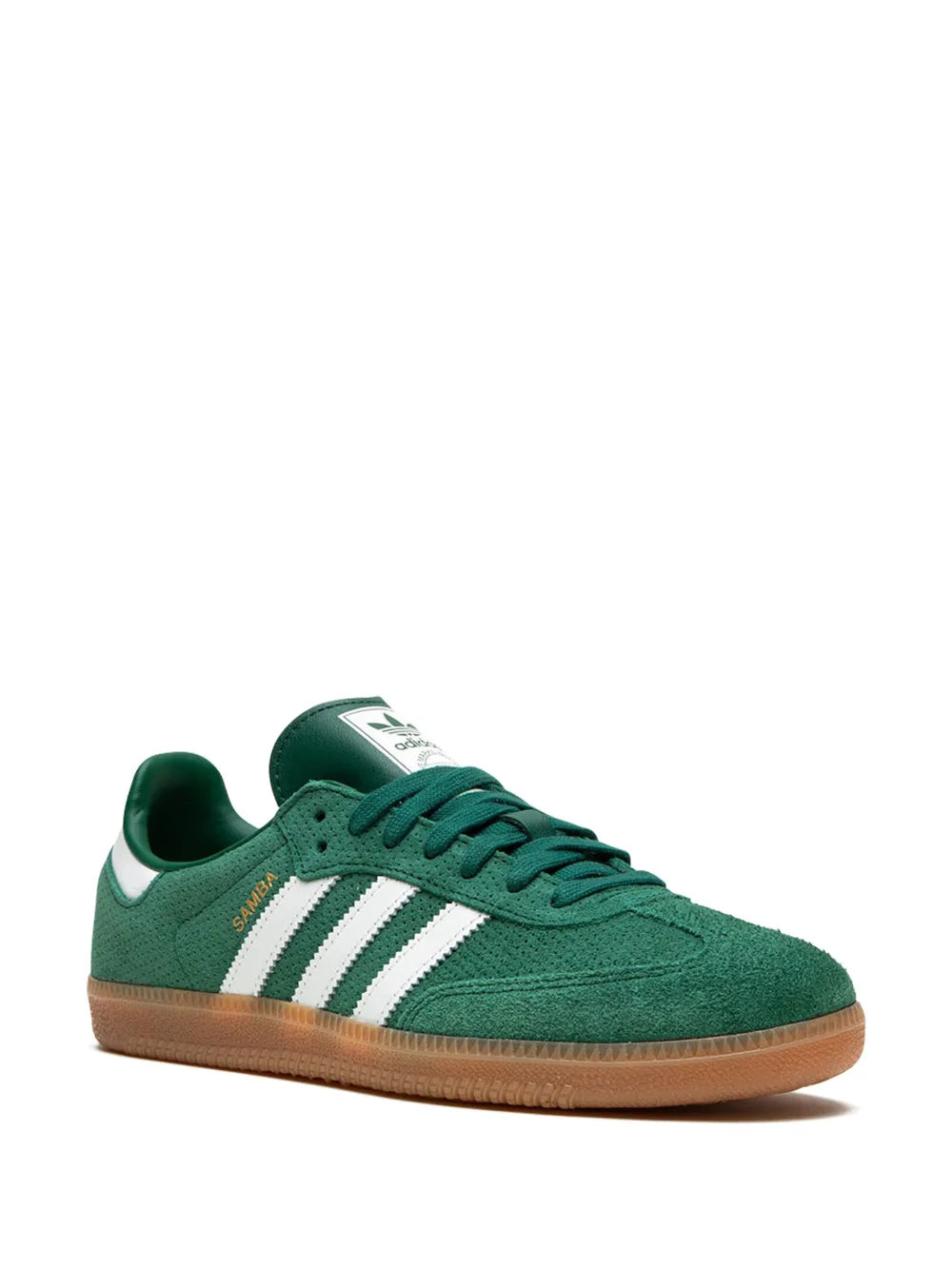 Green adidas Samba OG low-top with white stripes and brown gum sole, side view