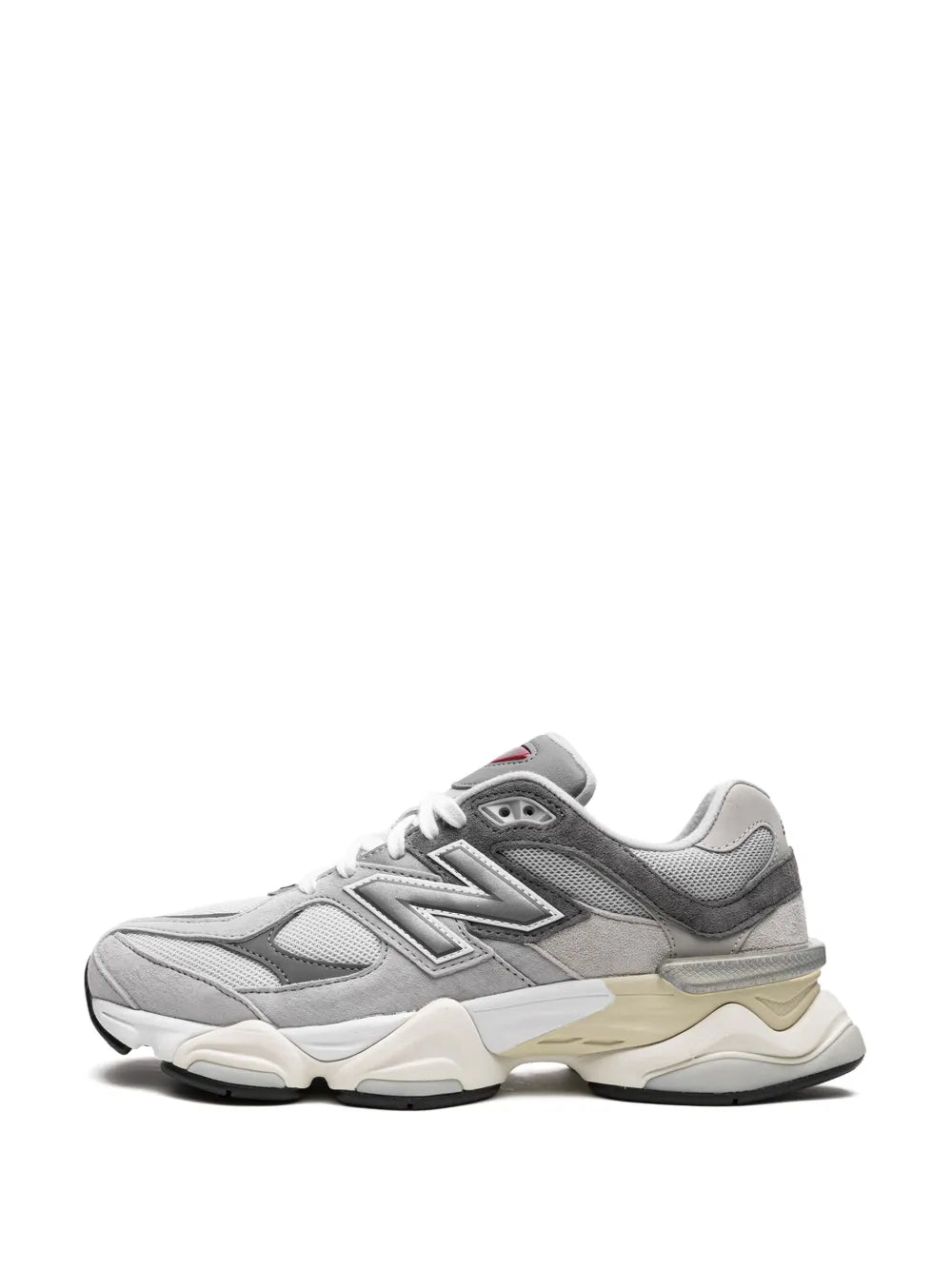 Grey New Balance 9060 sneakers side view with cream midsole and N logo