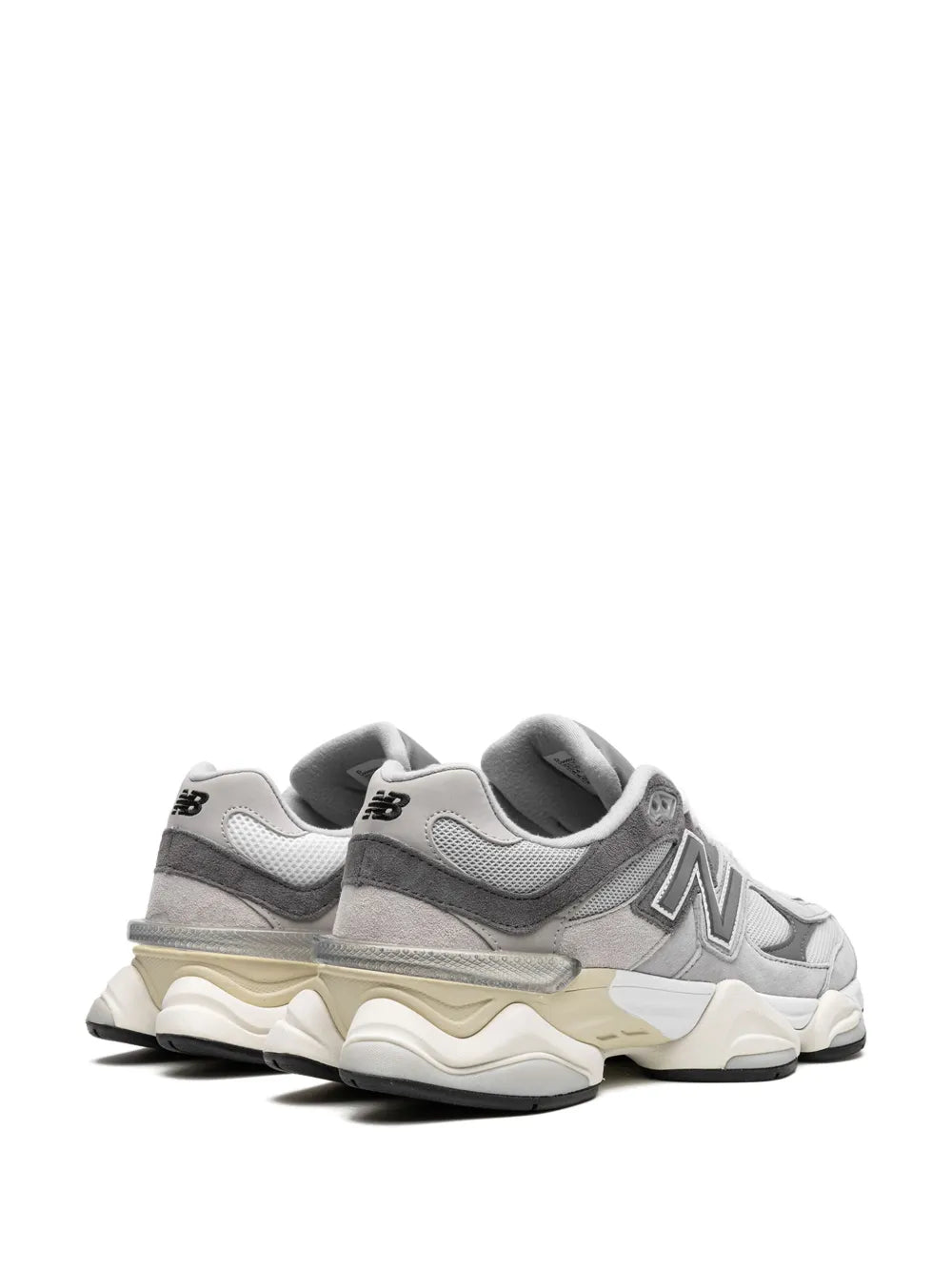 Grey New Balance 9060 sneakers back view with heel tab and cream midsole