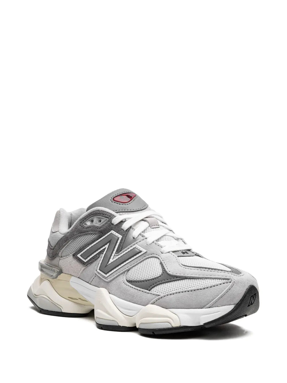 Grey New Balance 9060 low-top sneakers, lace-up with white accents