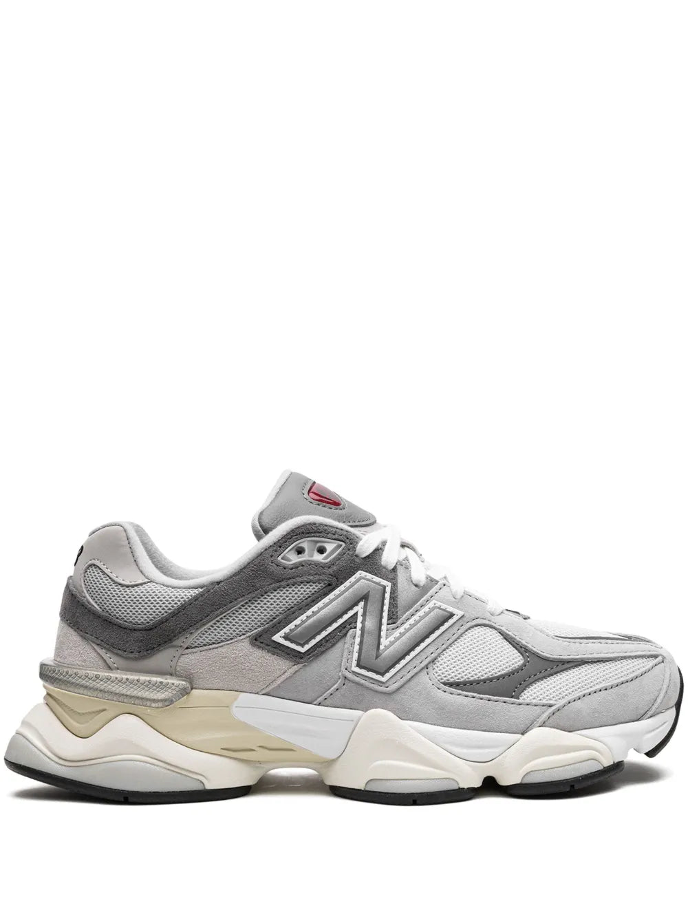 Grey New Balance 9060 sneakers with white laces and cream midsole
