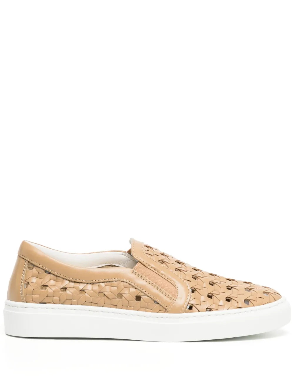 Brown perforated low-top sneaker with woven upper, lace-up, and white rubber sole
