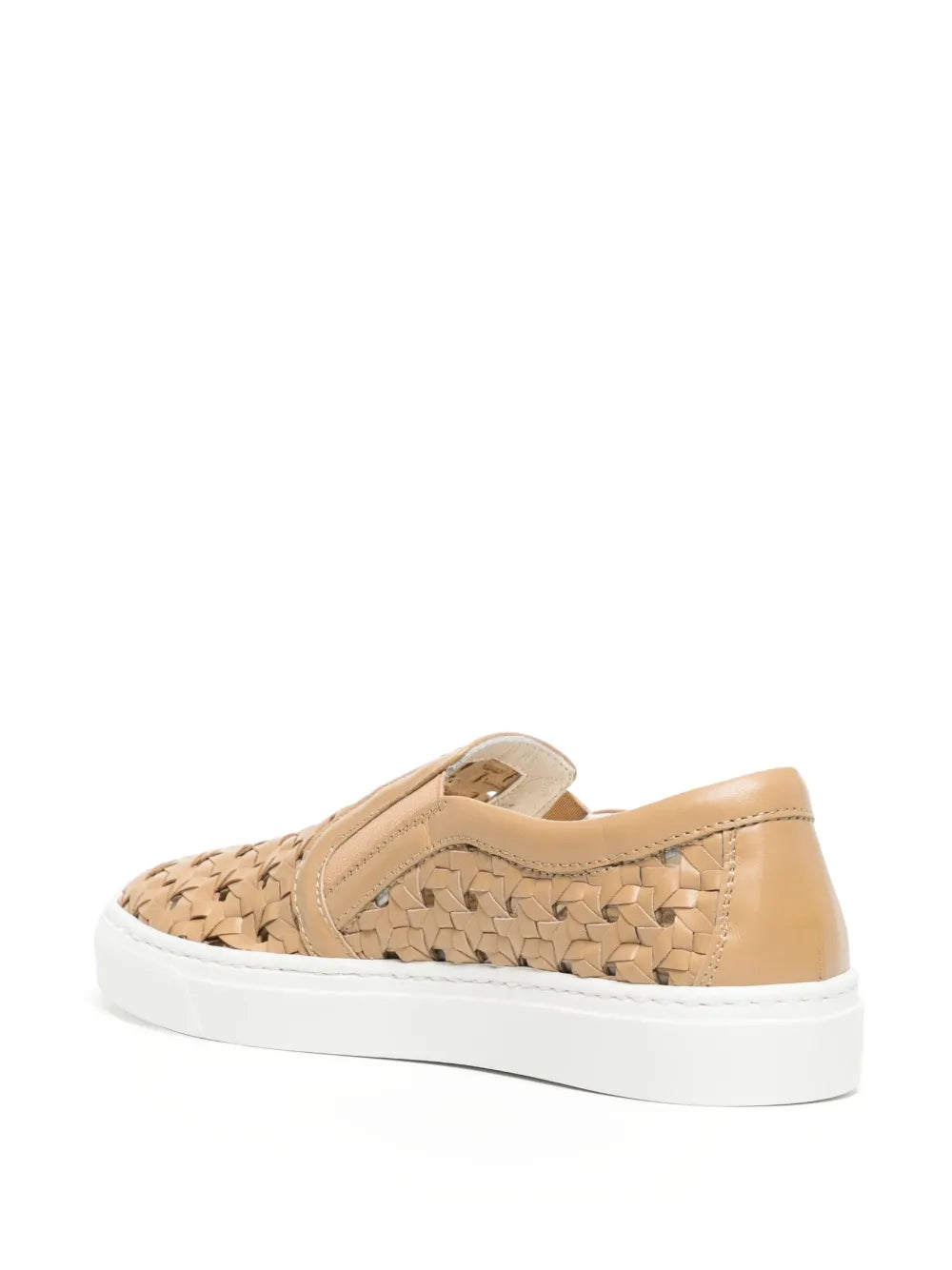 Brown perforated low-top sneaker with no visible laces and white rubber sole