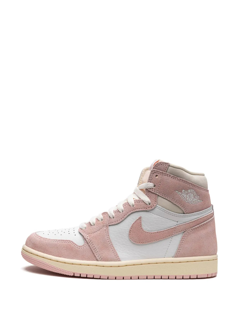 Dusty pink and white high-top lace-up sneakers with Nike swoosh and Jordan wing logo
