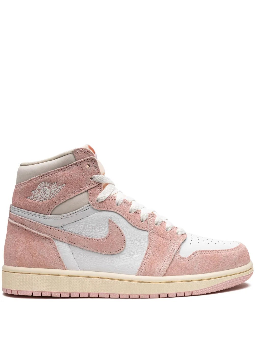 White and dusty pink high-top lace-up sneakers with Nike swoosh and Air Jordan branding