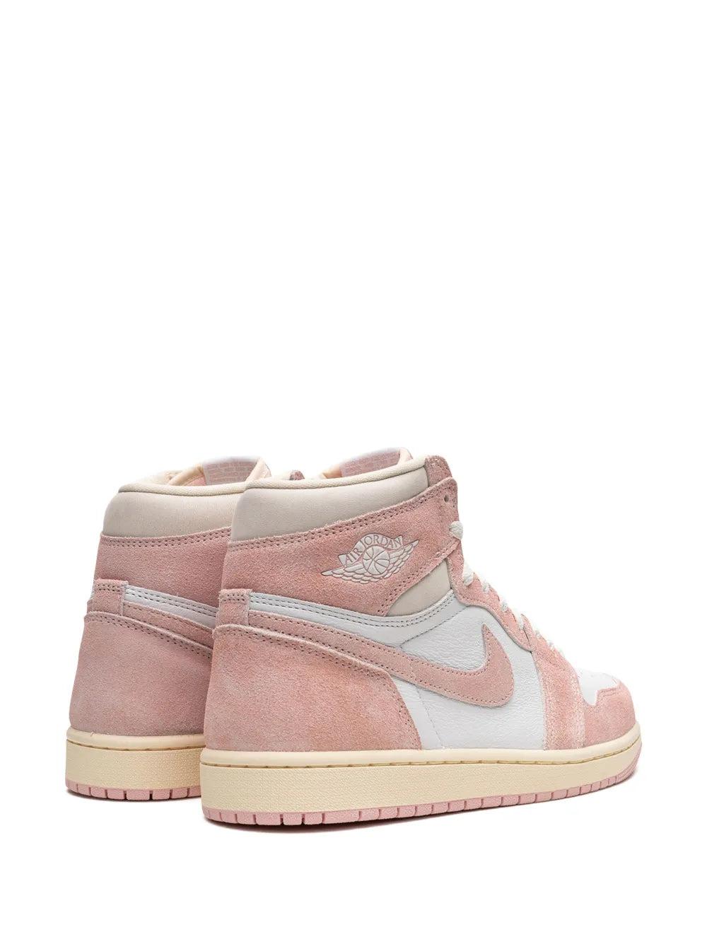 Dusty pink and white high-top sneakers, heel view; lace-up with Nike swoosh