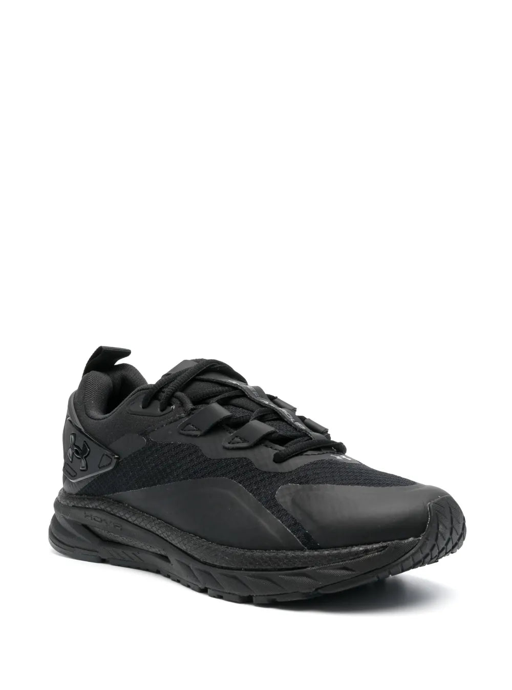 Black low-top lace-up athletic sneaker, side view with Under Armour logo