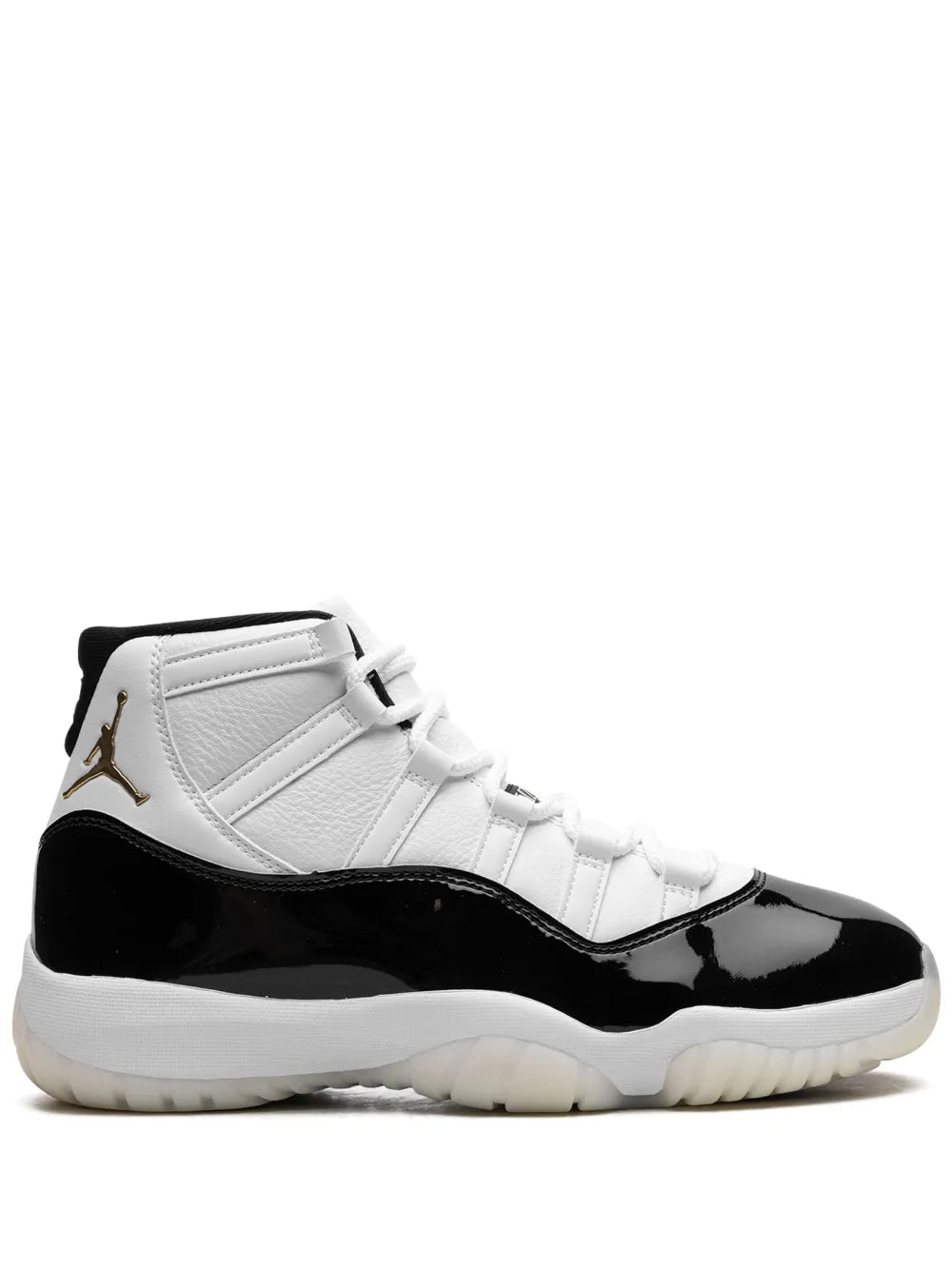 Black and white lace-up sneakers with glossy patent panel and Jumpman logo