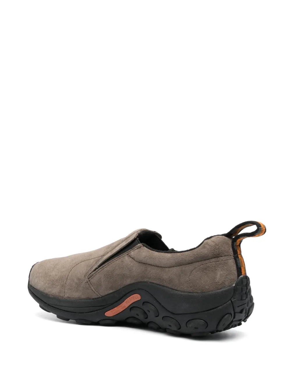 Light brown suede low-top slip-on sneakers, heel and side profile with orange accent
