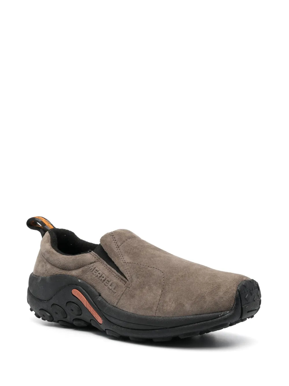 Light brown suede low-top slip-on sneakers, side view with black outsole and orange trim