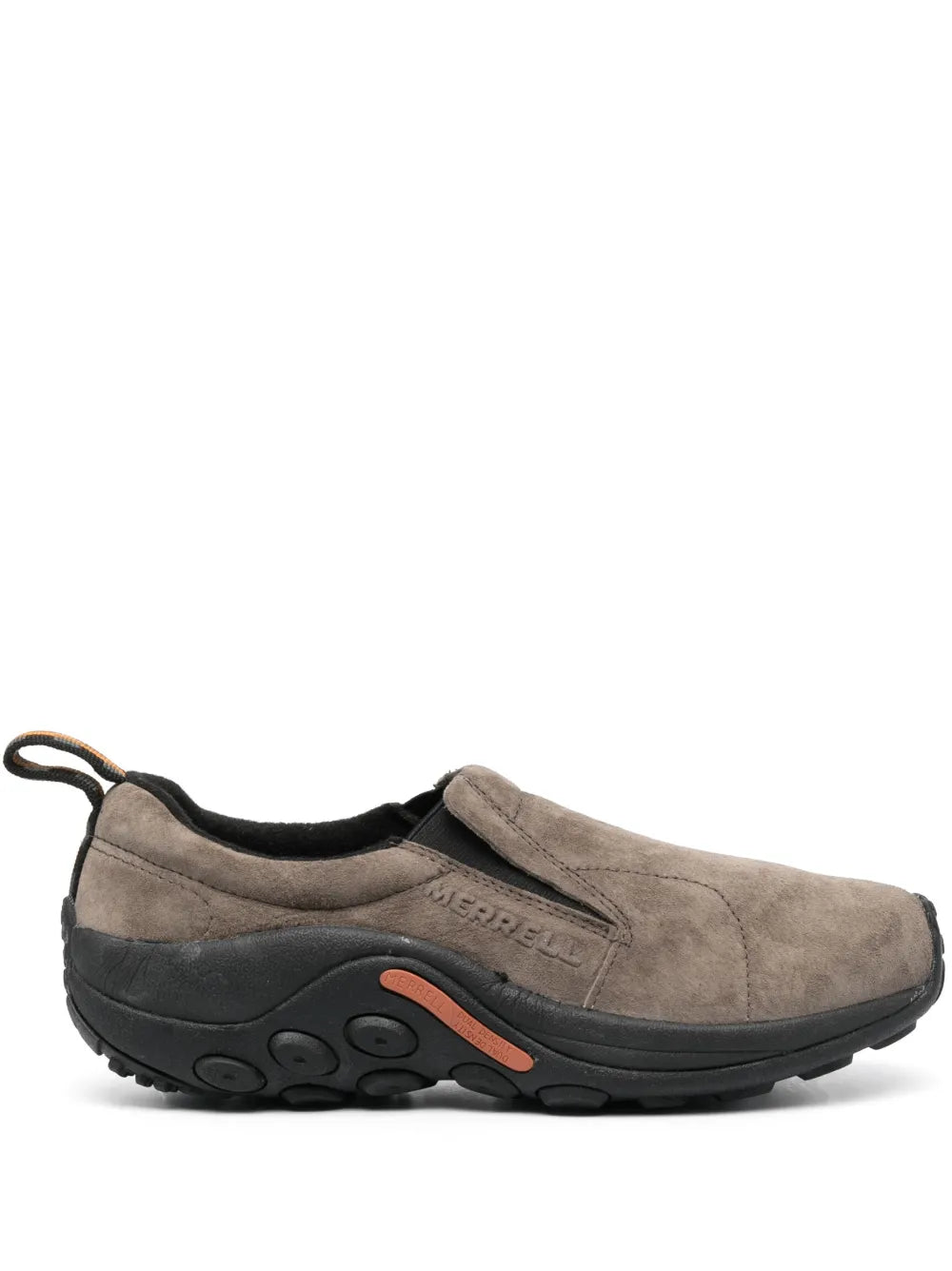 Merrell light brown suede low-top slip-on sneakers with orange accent sole
