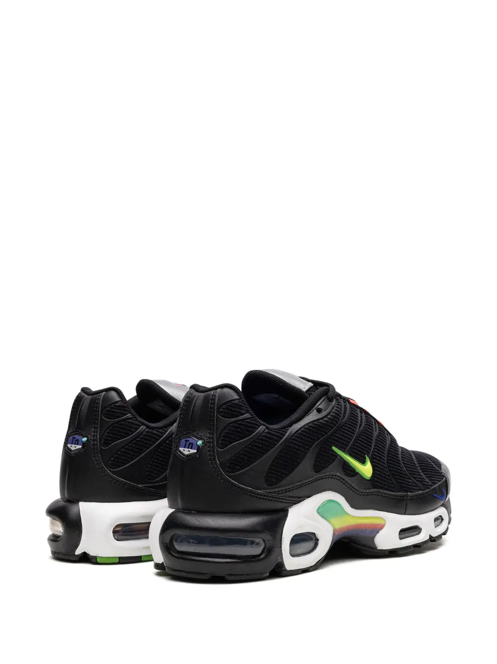 Black running shoes, rear/side angle with neon green swoosh and white midsole