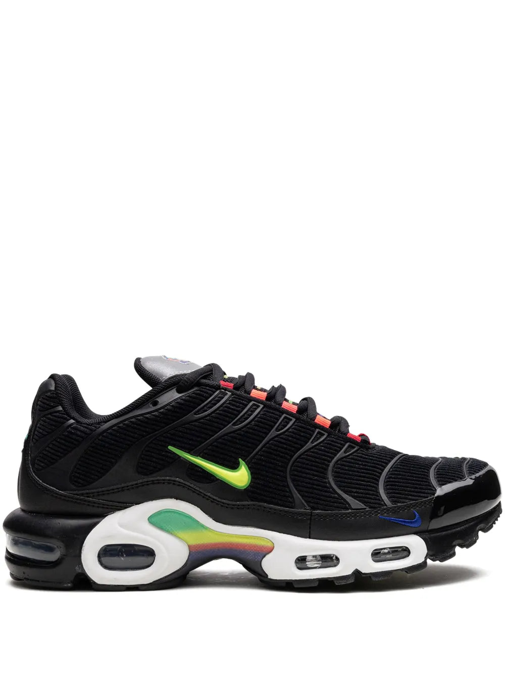 Black running shoes with neon green swoosh, visible Air cushioning, multicolor details