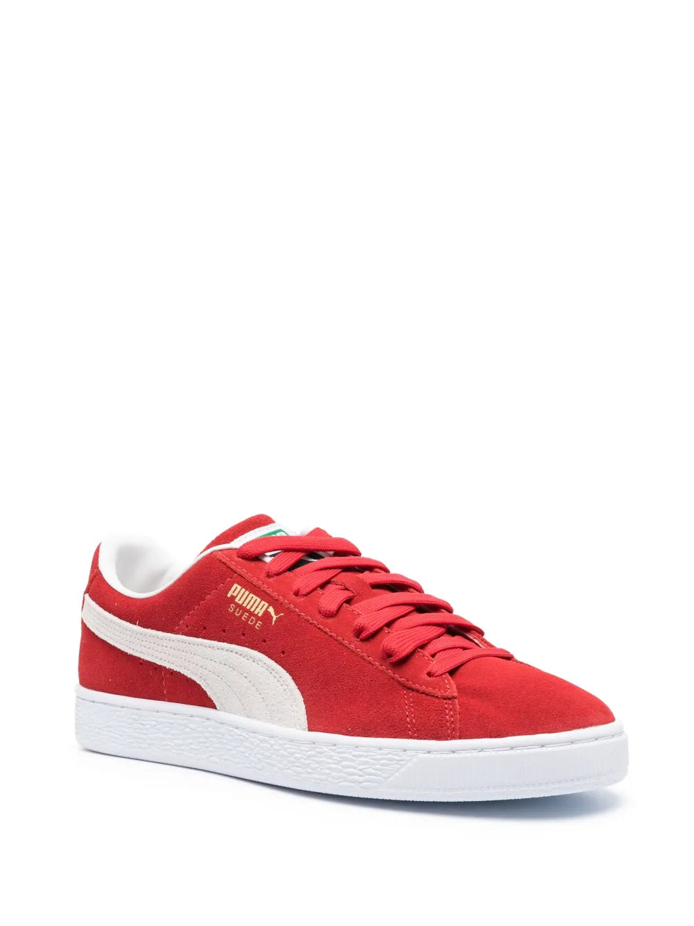 PUMA red low-top sneaker side view with white stripe, lace-up, white rubber sole