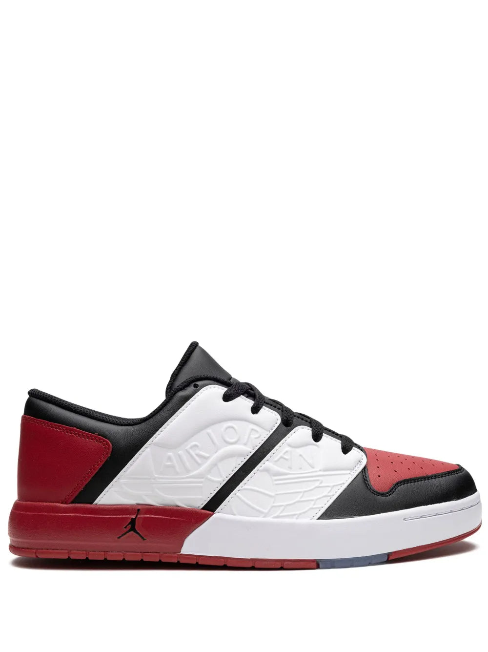 Low-top lace sneakers in black, white, and red with textured side panel