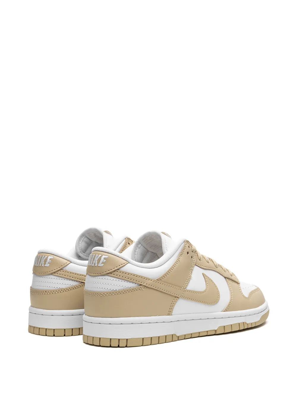 Low-top sneaker in white and tan, heel and side panels with Nike swoosh
