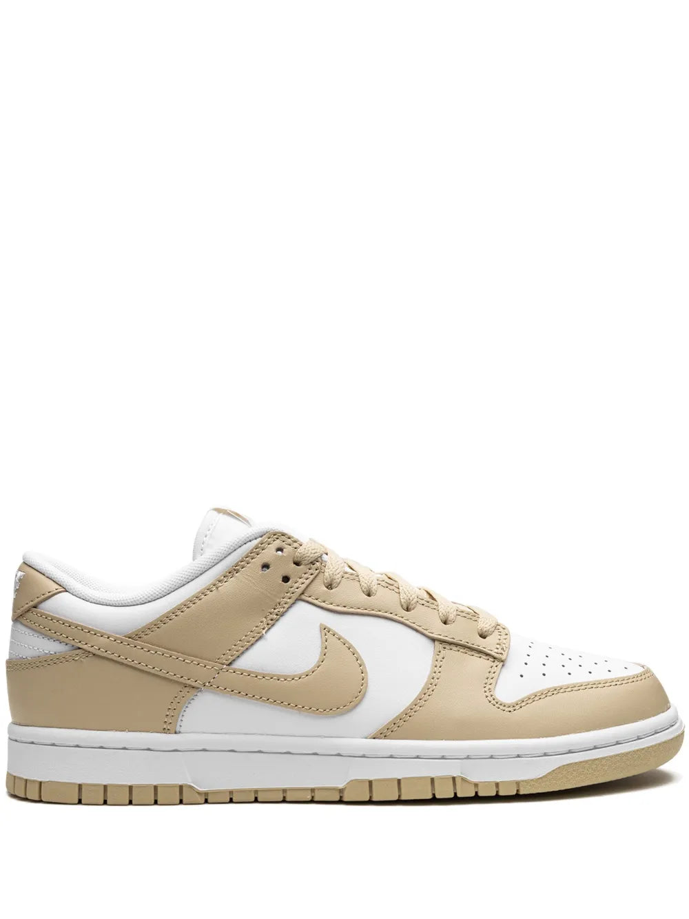 Low-top sneaker in white and tan, lace-up with Nike swoosh and perforated toe