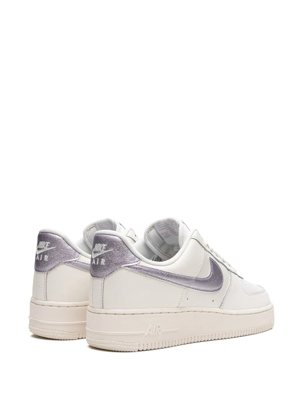Nike Air Force 1 low-top sneakers, heel and rear view with purple accents