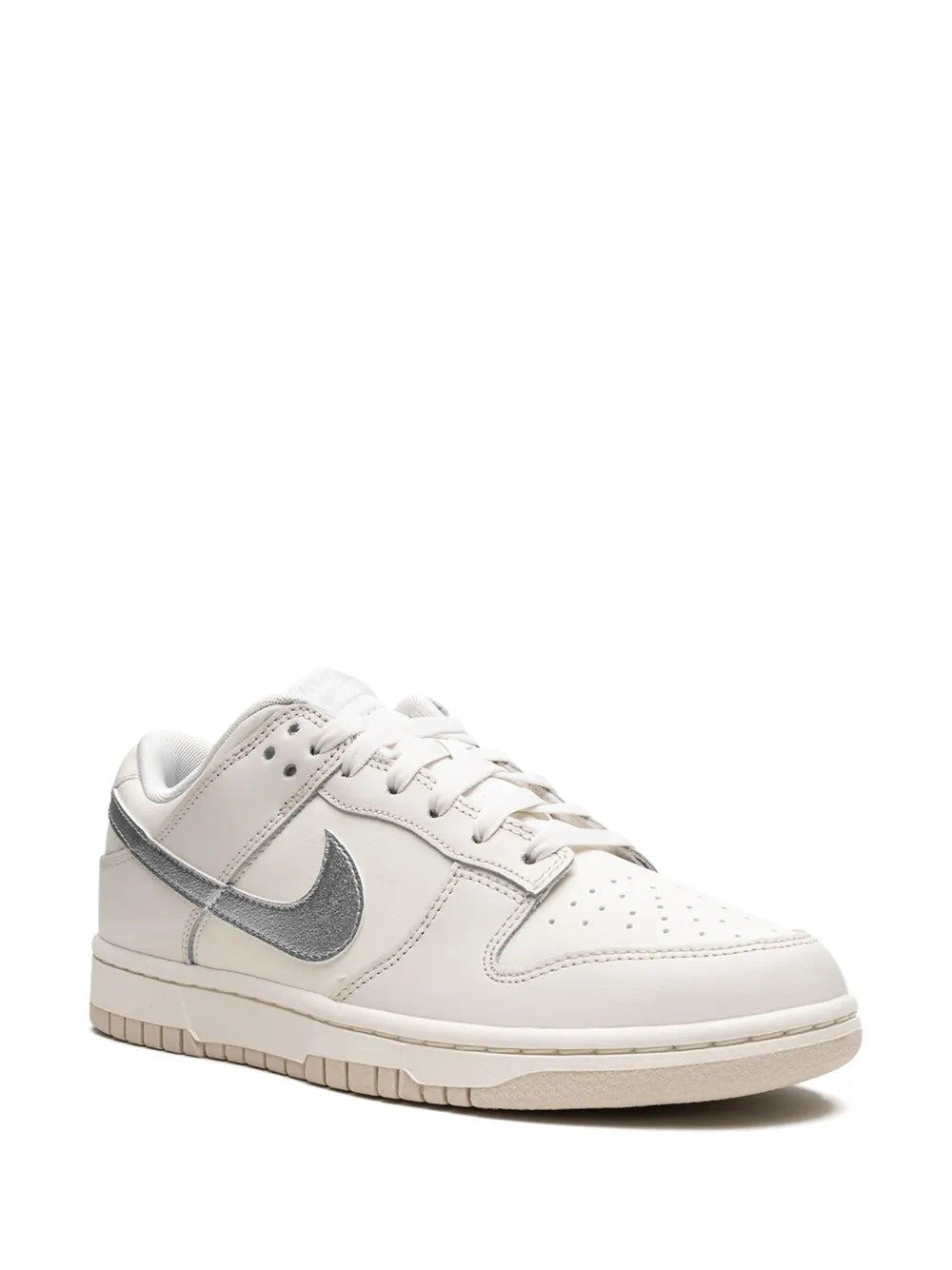 Nike Dunk Low sneaker, off-white leather upper with light blue Swoosh and laces