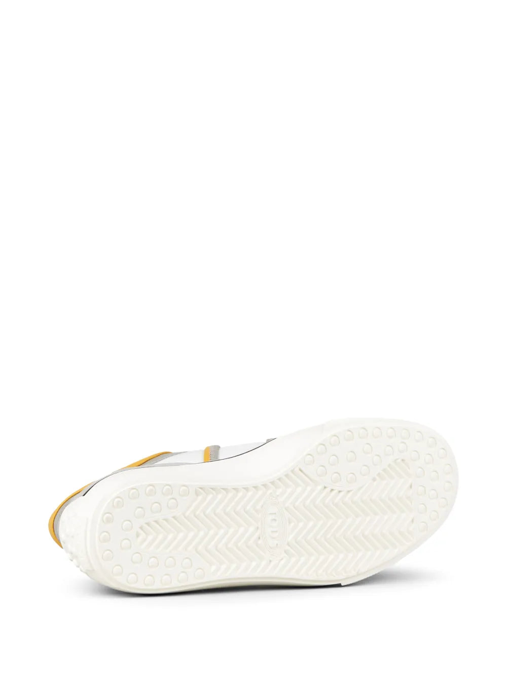 White sneaker outsole with yellow heel tab and gray back trim, rubber sole underside.