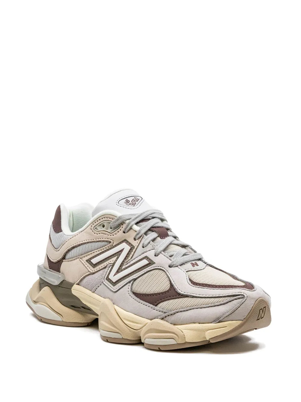 New Balance 9060 sneakers, light grey upper with taupe paneling, maroon heel, thick sole