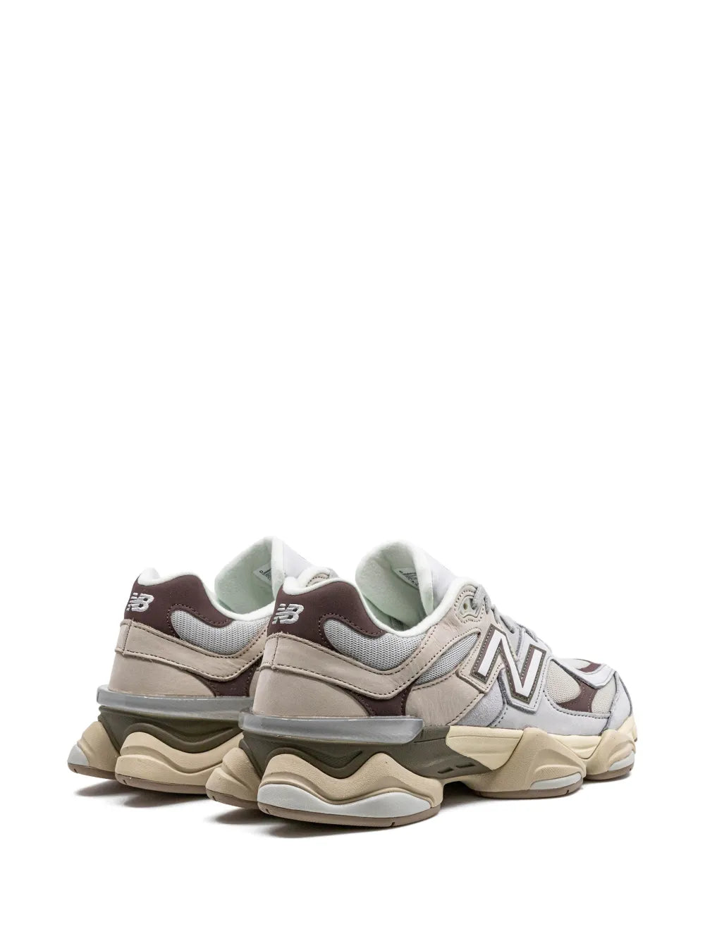 New Balance 9060 sneakers, rear view: grey mesh with brown heel tab and beige cushioning