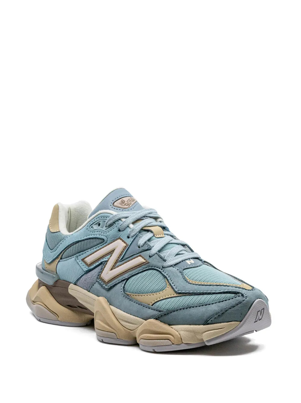 Blue Haze running sneakers, lace-up design, teal uppers, beige rubber midsole