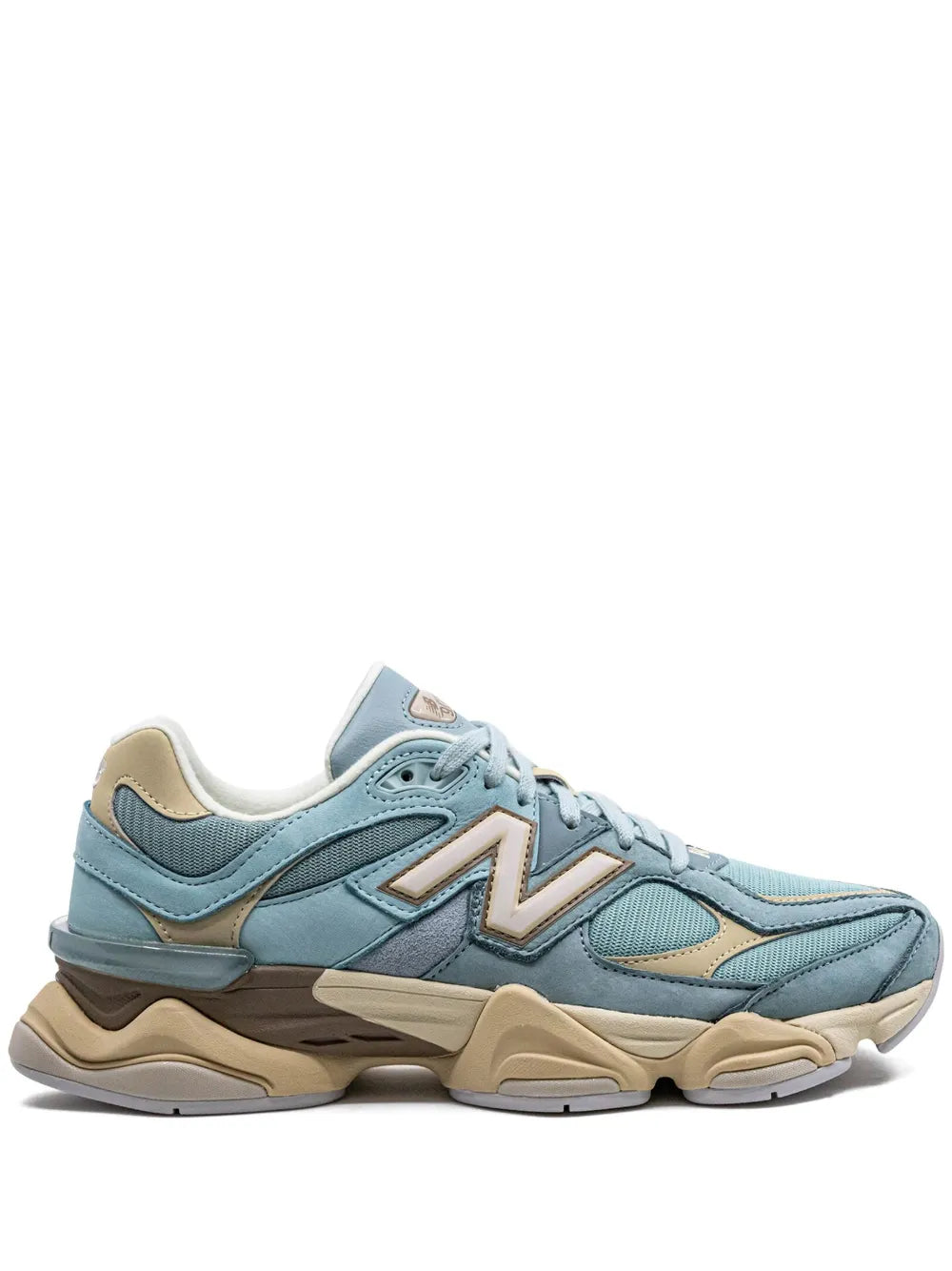 Blue Haze running sneakers with N logo, suede mesh overlays, tan midsole