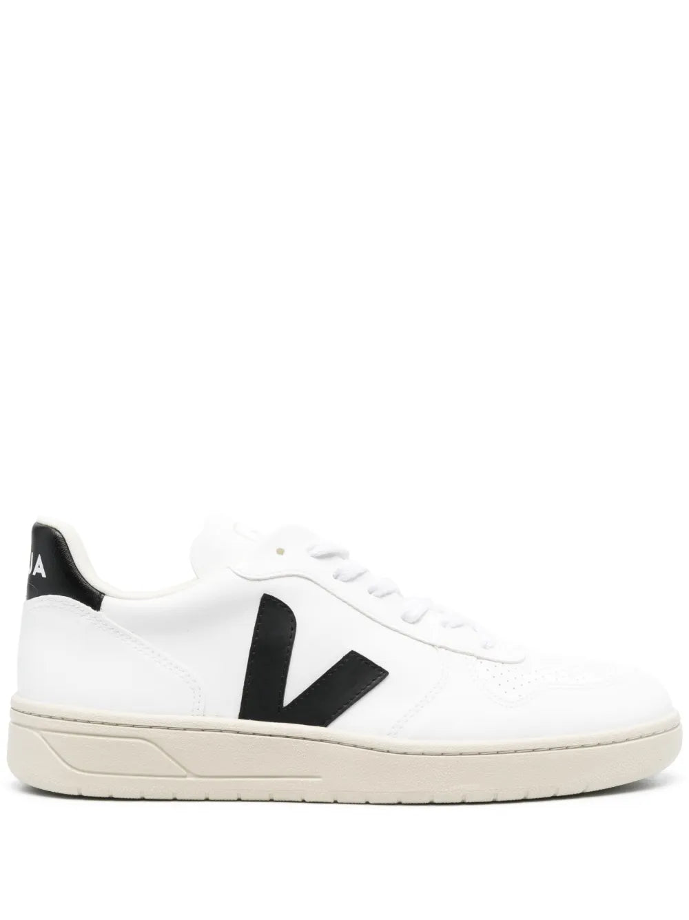 VEJA V-10 low-top sneaker, white leather with black V logo and lace-up front