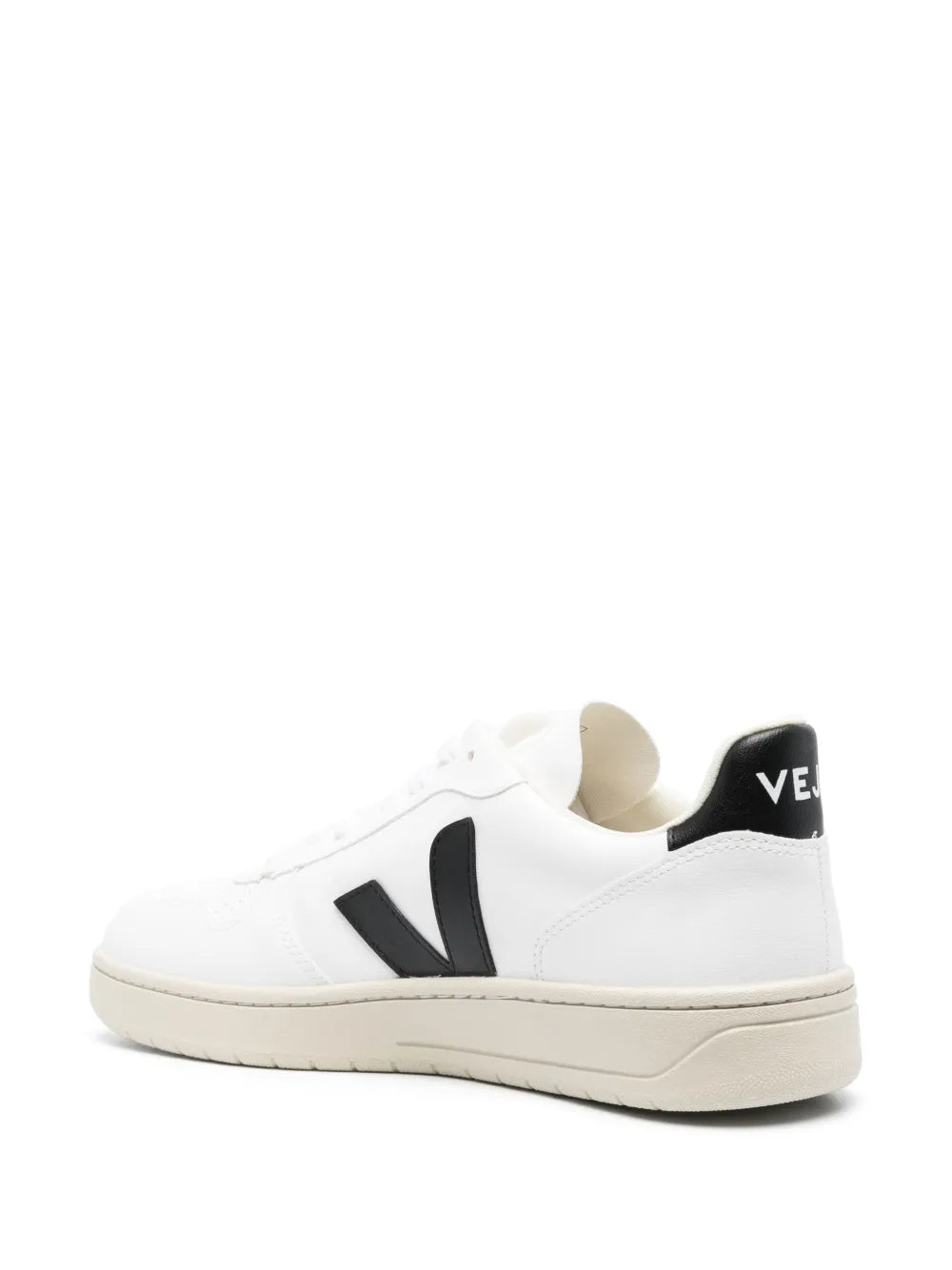 VEJA V-10 low-top sneaker, heel view with black collar detail and white upper