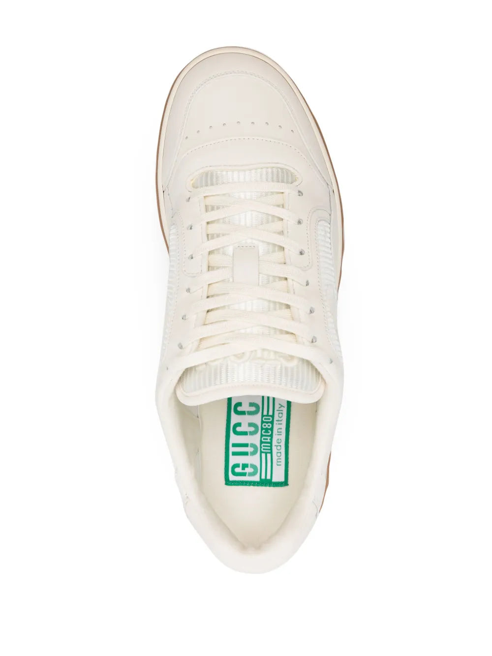 White Gucci lace-up sneaker front, visible laces and insole label