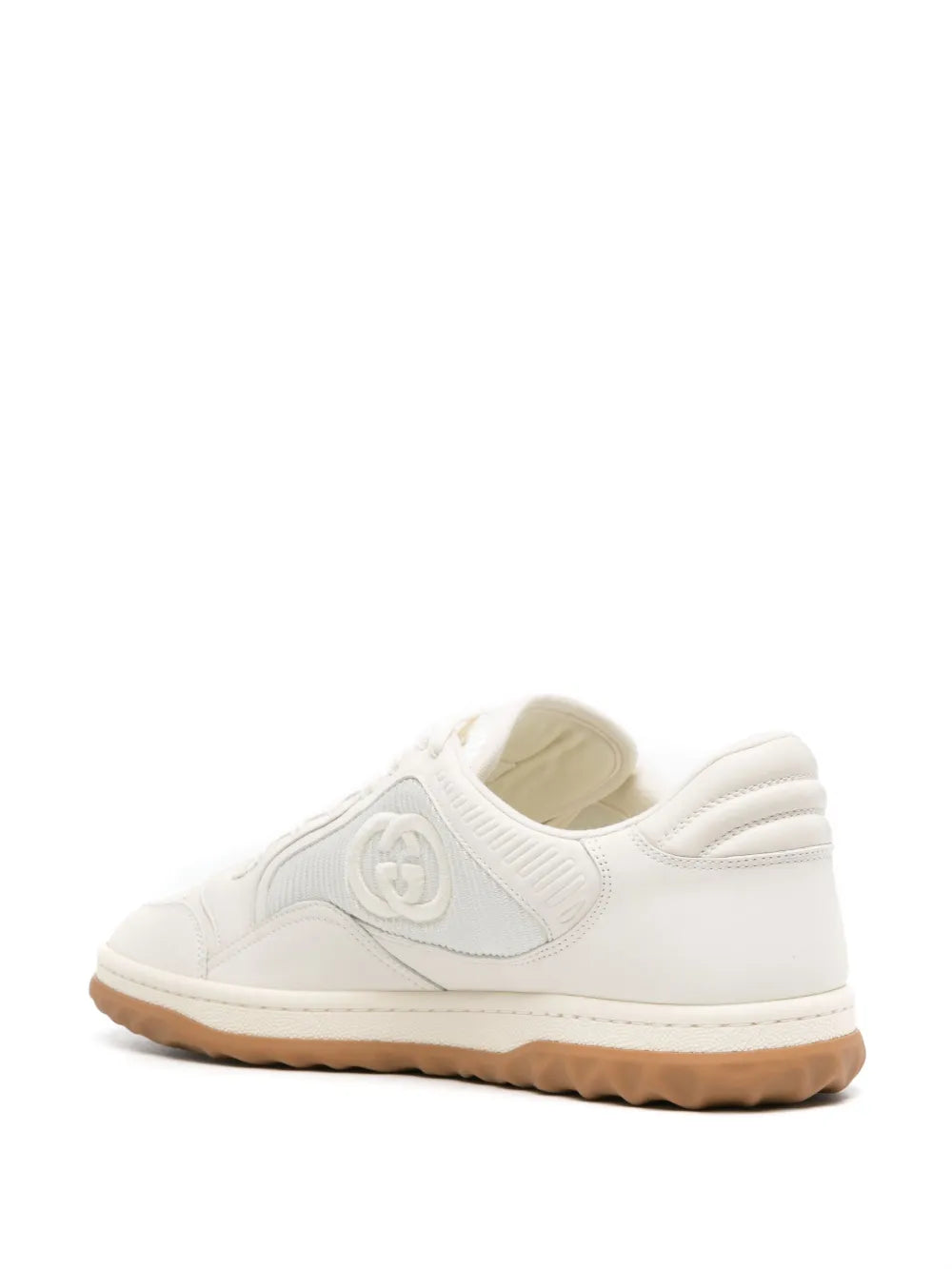 White Gucci lace-up sneakers with back GG panel and gum sole