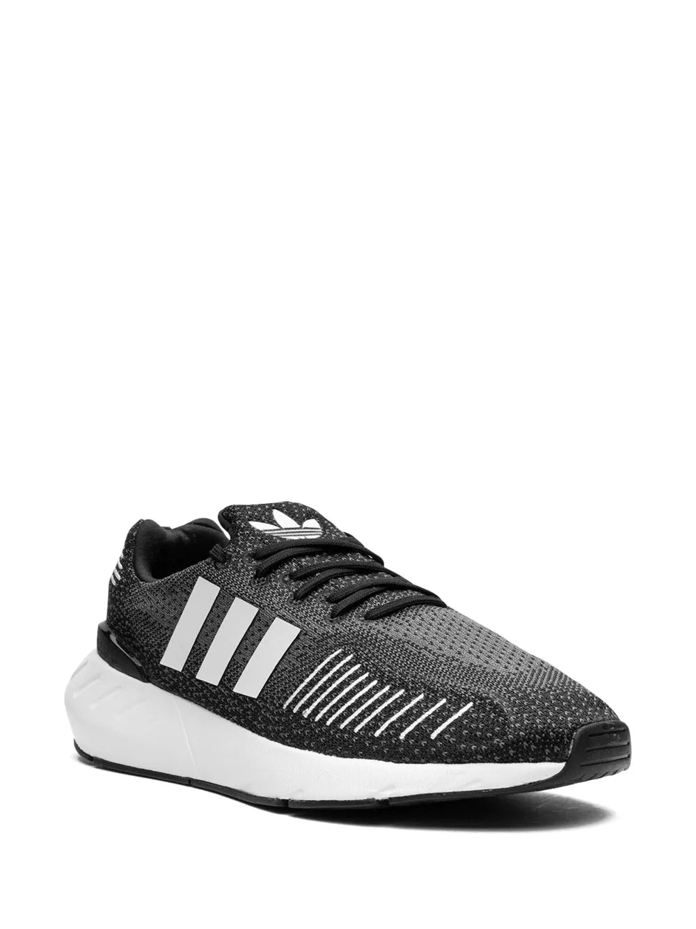 Black adidas low-top running sneaker, side view with white 3-Stripes and white sole