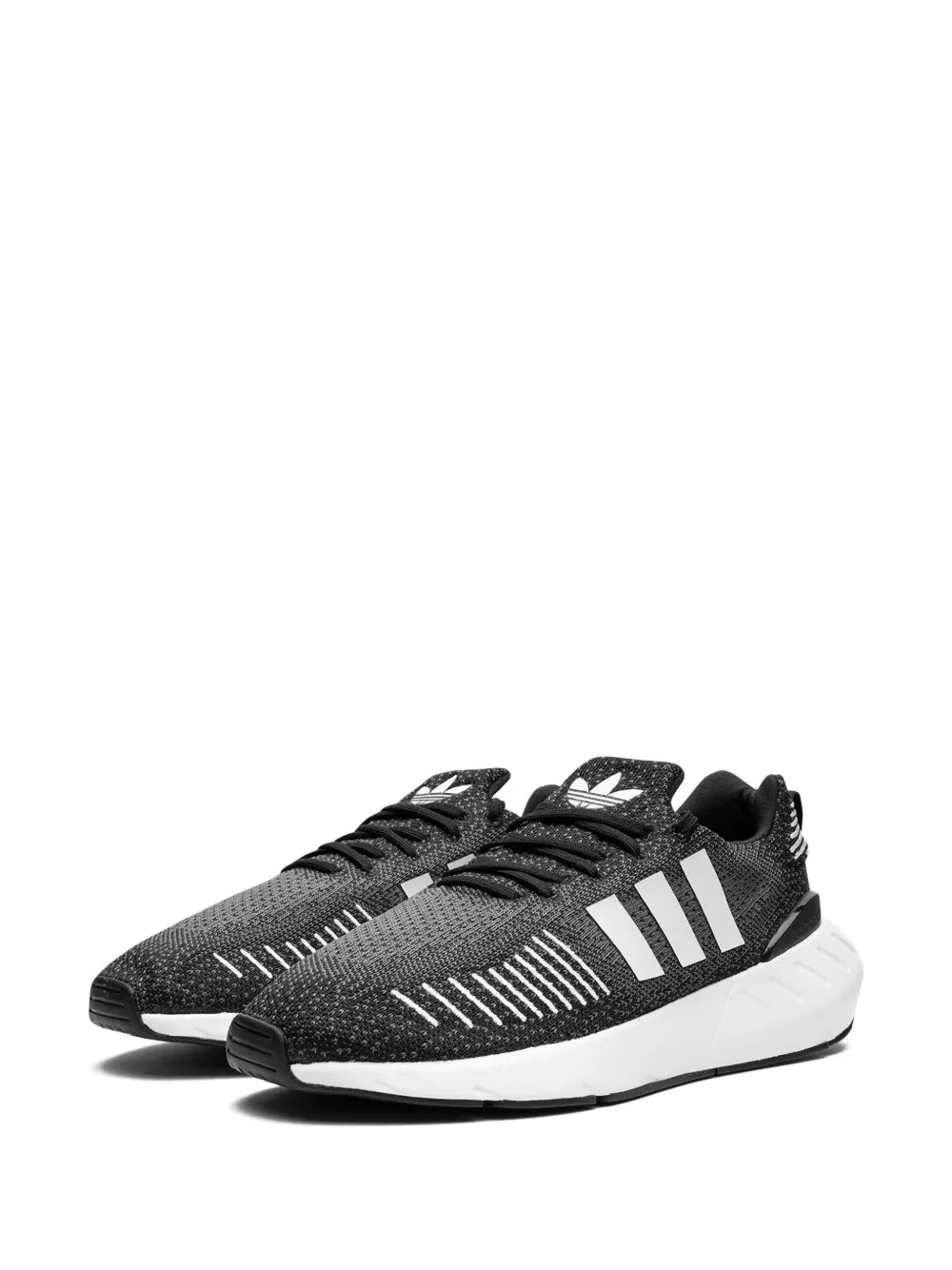 Black adidas low-top running sneaker, front three-quarter view with white 3-Stripes knit upper
