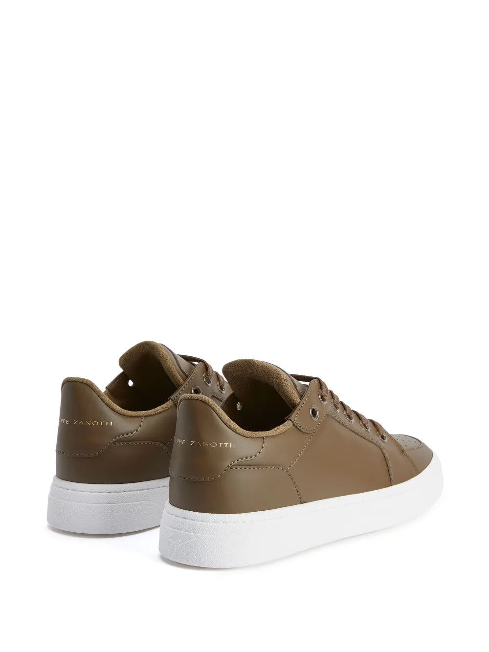 Brown lace-up low-top sneakers with white rubber sole, rear heel view