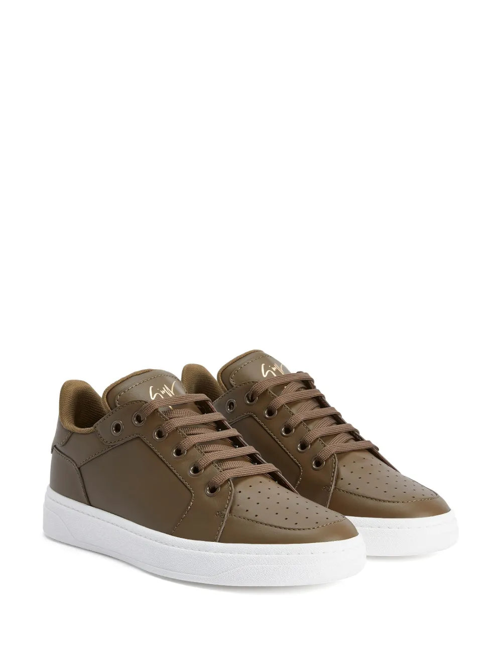 Brown lace-up low-top sneakers with white rubber sole and side logo