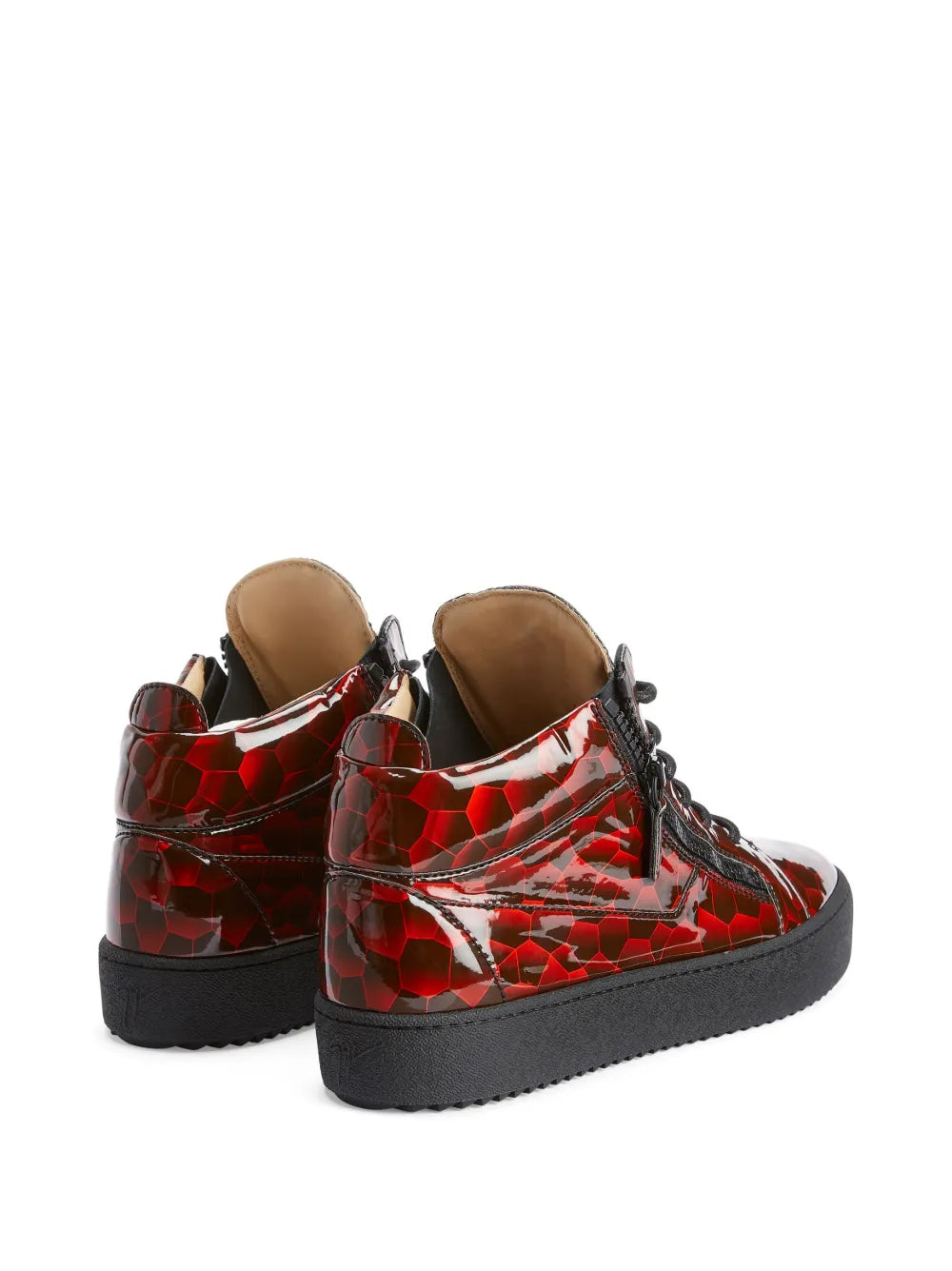 Mid-top sneakers with red-black geometric heel and shiny back panel, black sole