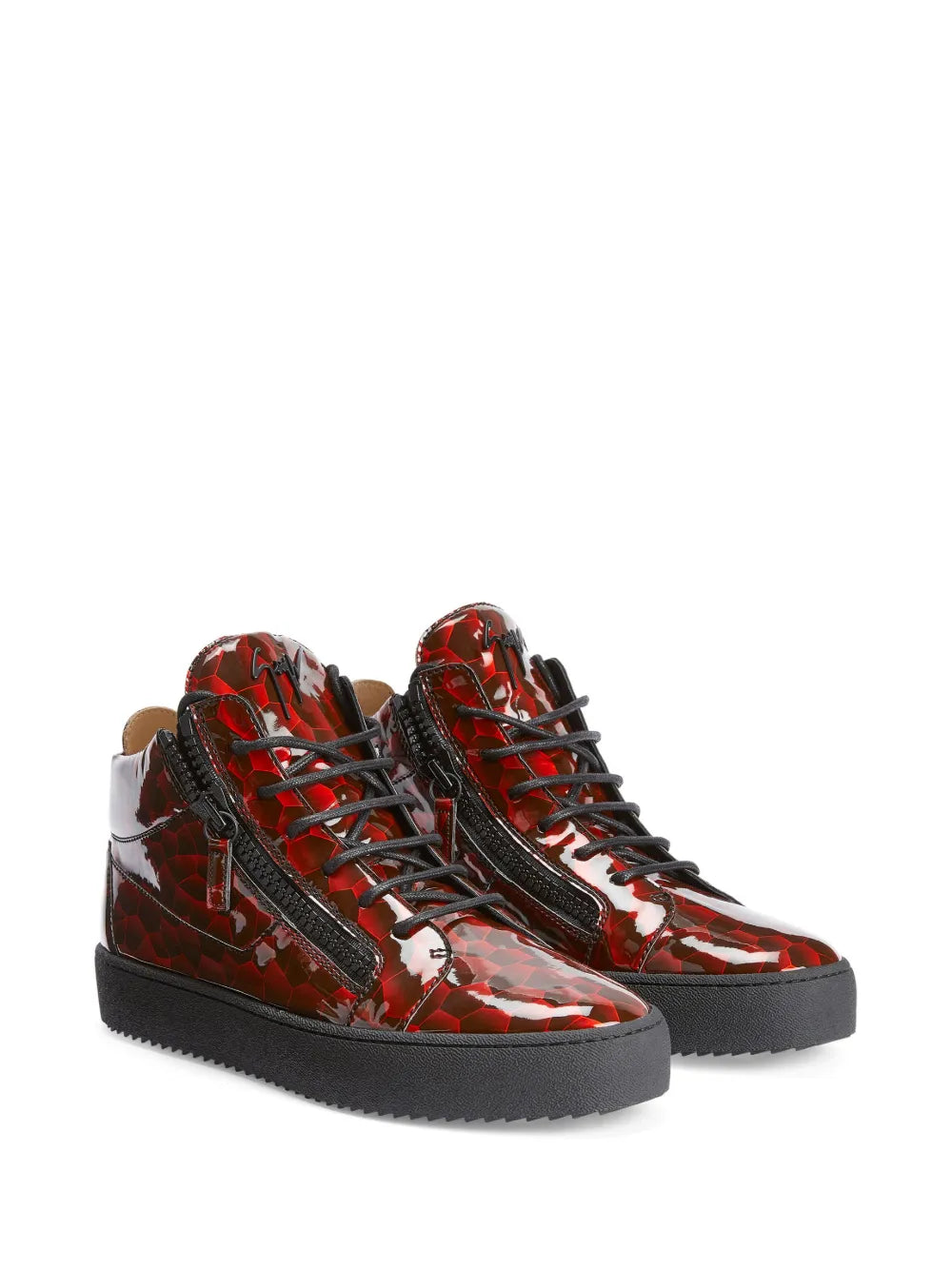 Mid-top sneakers, red-and-black geometric glossy uppers, black laces, thick sole