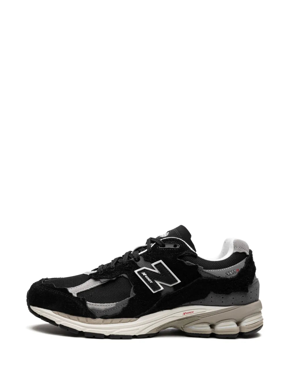 Black and grey lace-up sneakers with white N logo and cushioned midsole