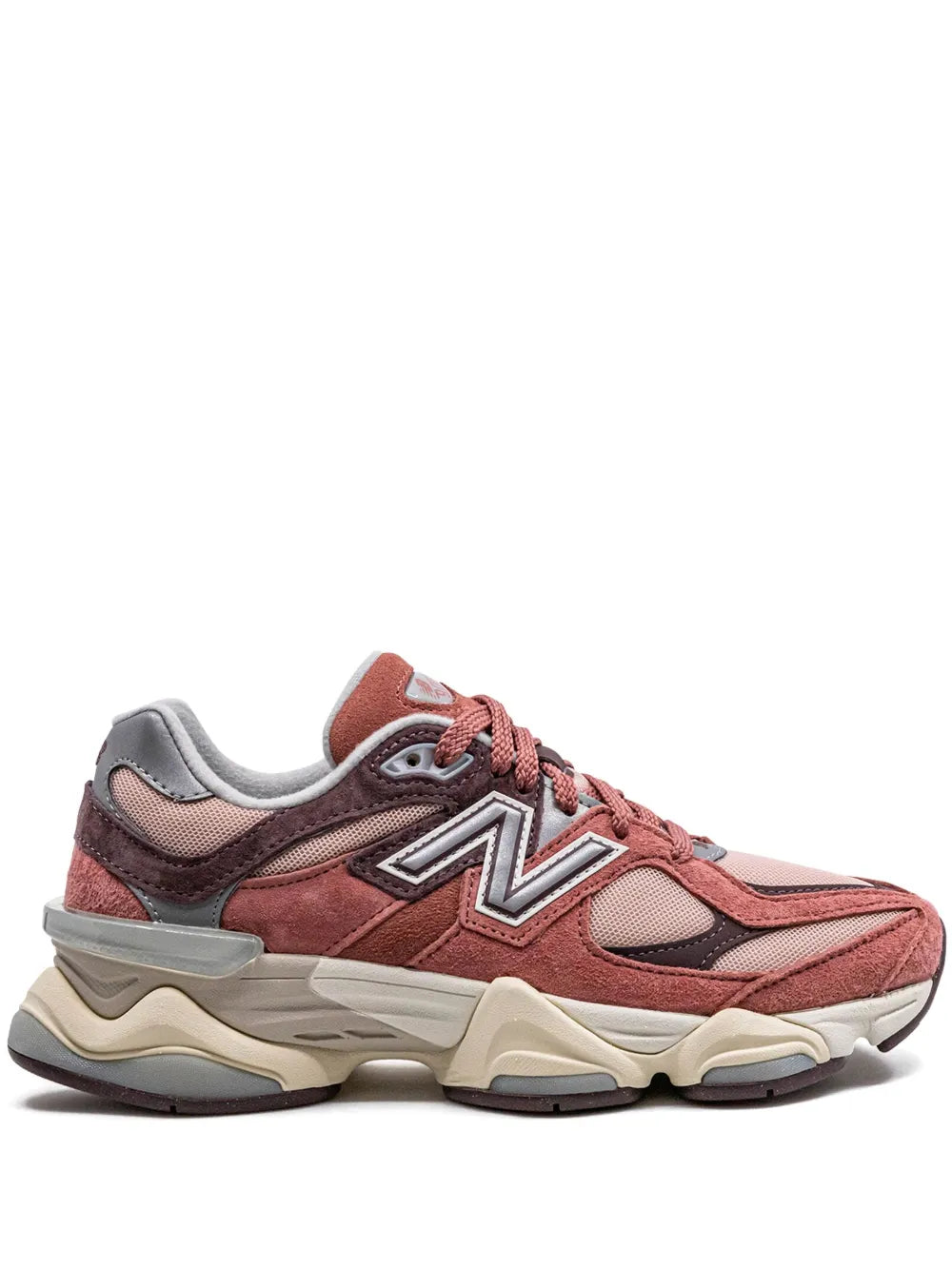 Coral red and truffle running sneakers with gray accents and chunky cream midsole