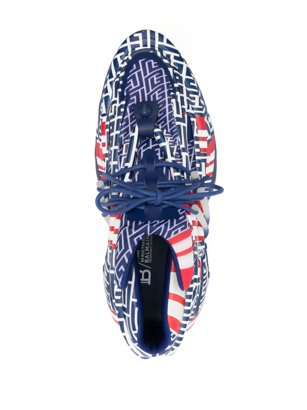 Low-top lace-up sneakers, top view with navy/white/red geometric monogram print