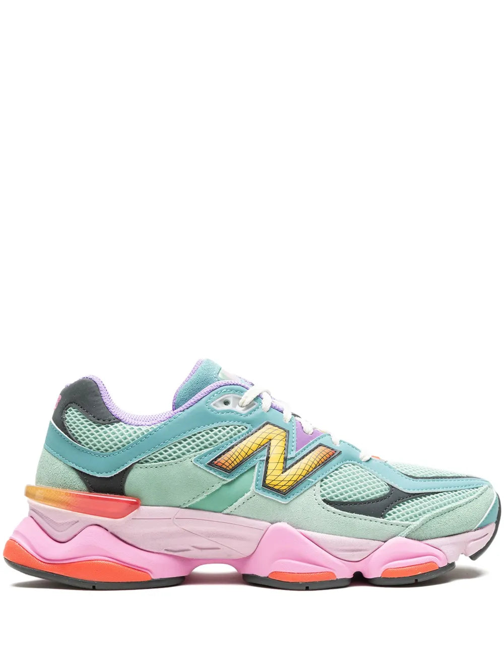 New Balance mint teal and pink sneakers with mesh upper, yellow N side logo, lace-up front