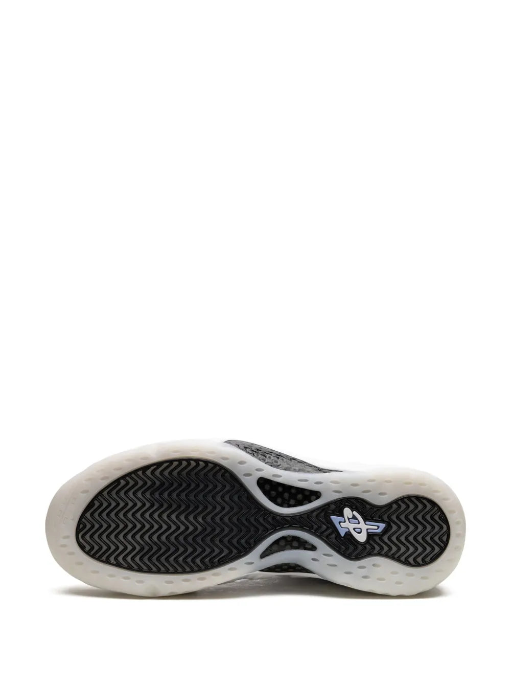 Black and white sneaker outsole with textured tread and side branding